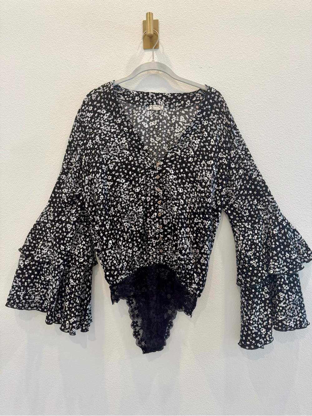 Free People Black Floral V-Neck Bell Sleeve Bodysuit